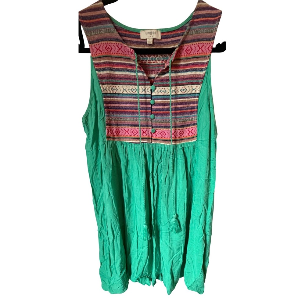 Umgee USA Green Sleeveless Tunic Top Boho Geometric Woven Bib‎ Tassel Medium